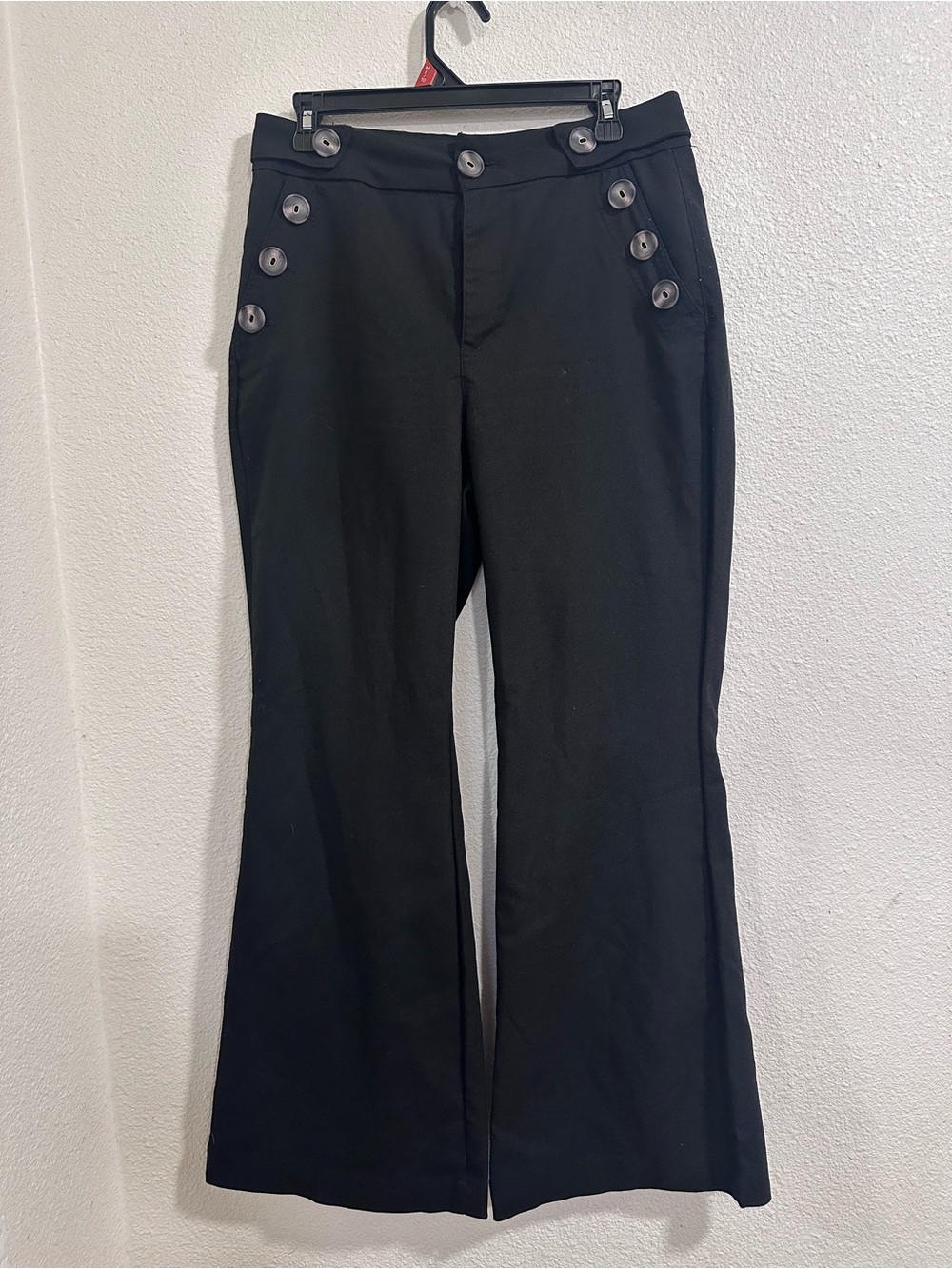 Black Boot-Cut Pants with Button-Front Detail